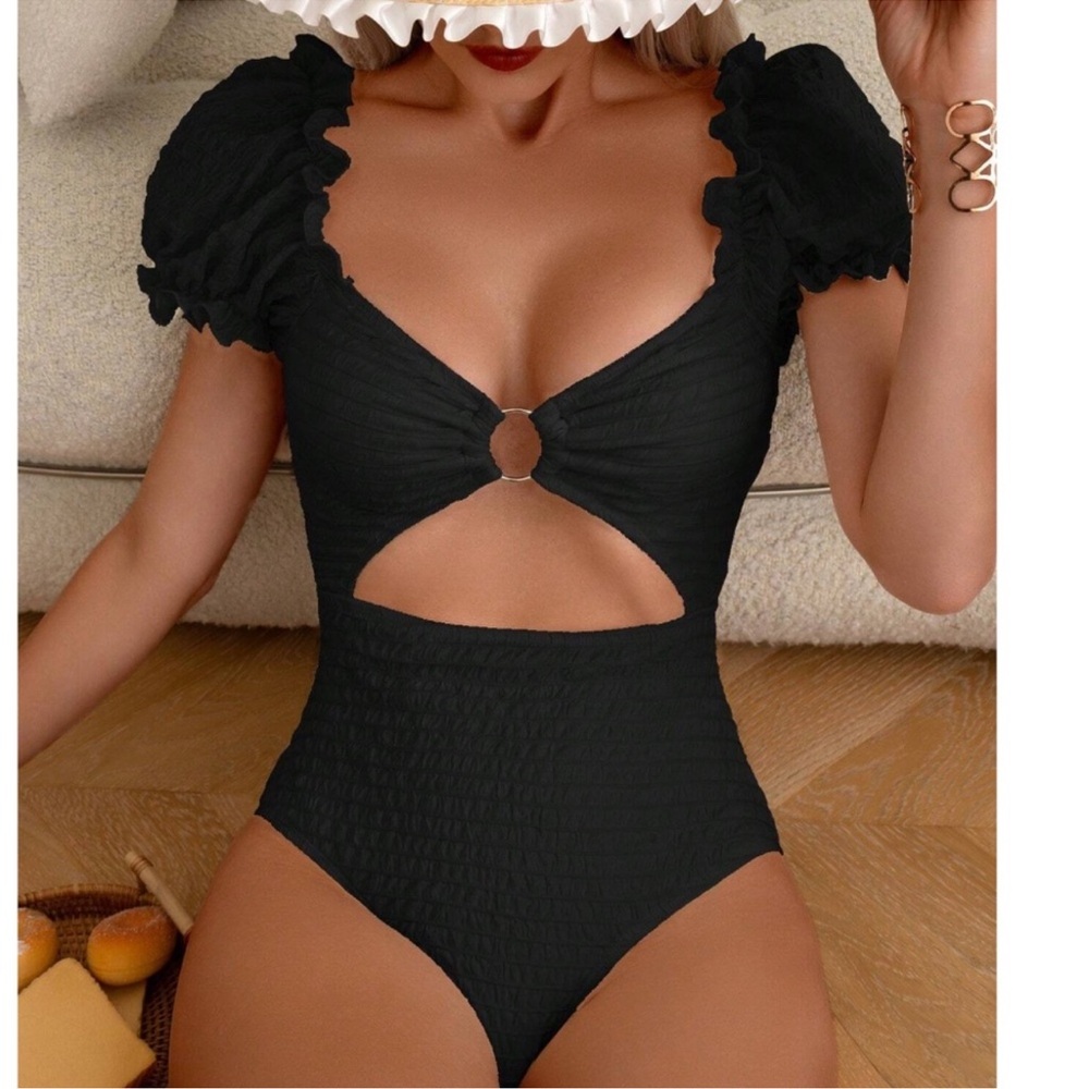 Textured Ruffle Puff Sleeve Cut Out Monokini One Piece Swimsuit S M L XL